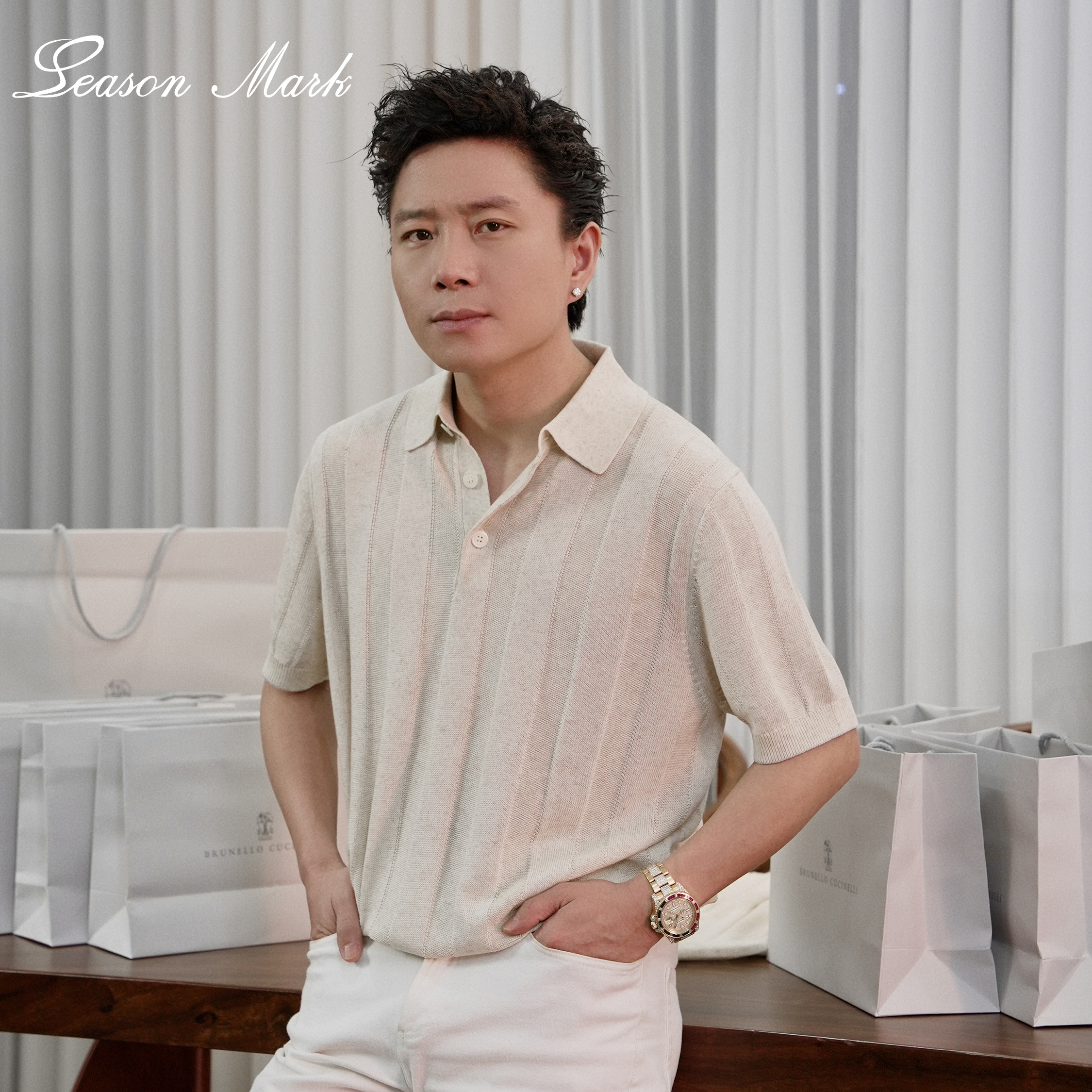 SEASONMARK新款针织亚麻混纺半开襟短袖商务款休闲百搭老钱风T恤