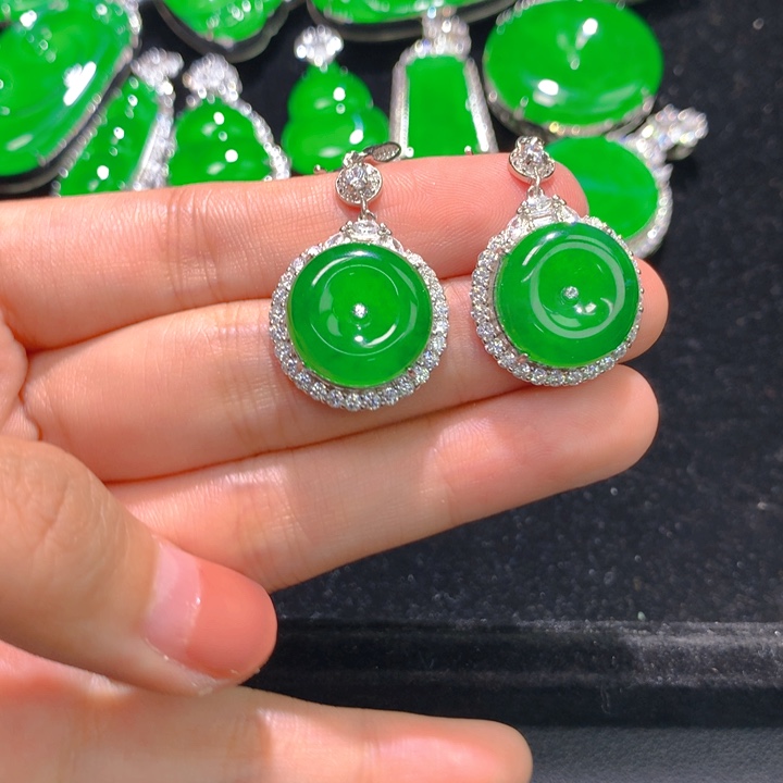 翡翠银S925镶嵌耳饰一对