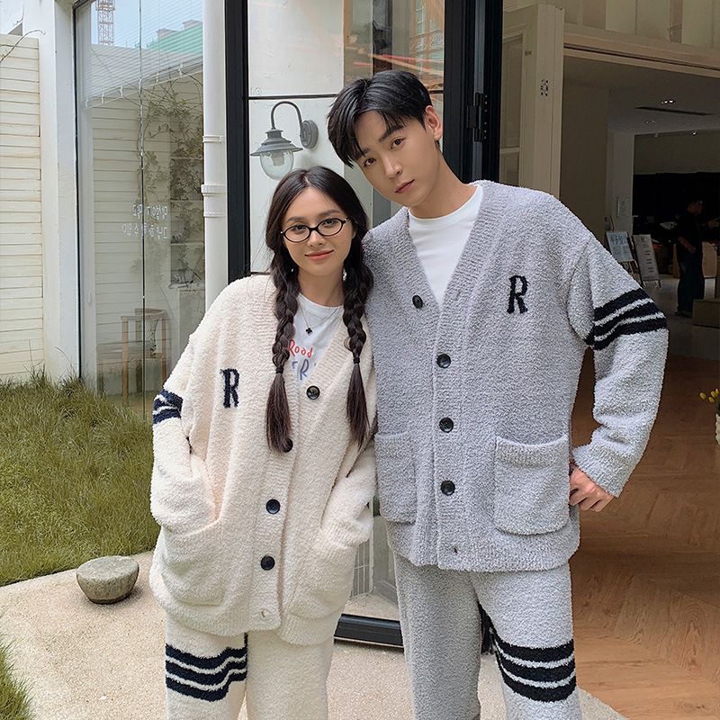 妍凯琳2025秋冬季半边绒睡衣休闲情侣款加厚加绒可外穿家居服