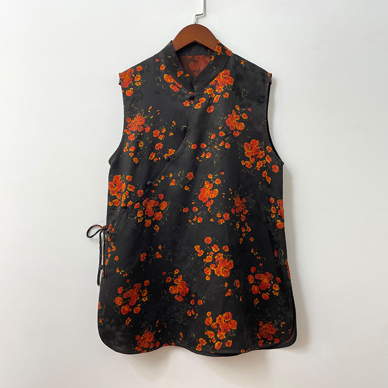 新中式香云纱奥黛风上衣无袖斜襟真丝小衫系带气质黑底红花国风女