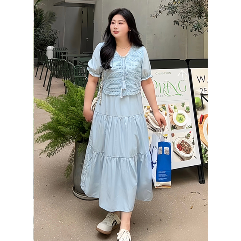 大码女装茶歇法式连衣裙2025夏新款假两件收腰A字长裙242258