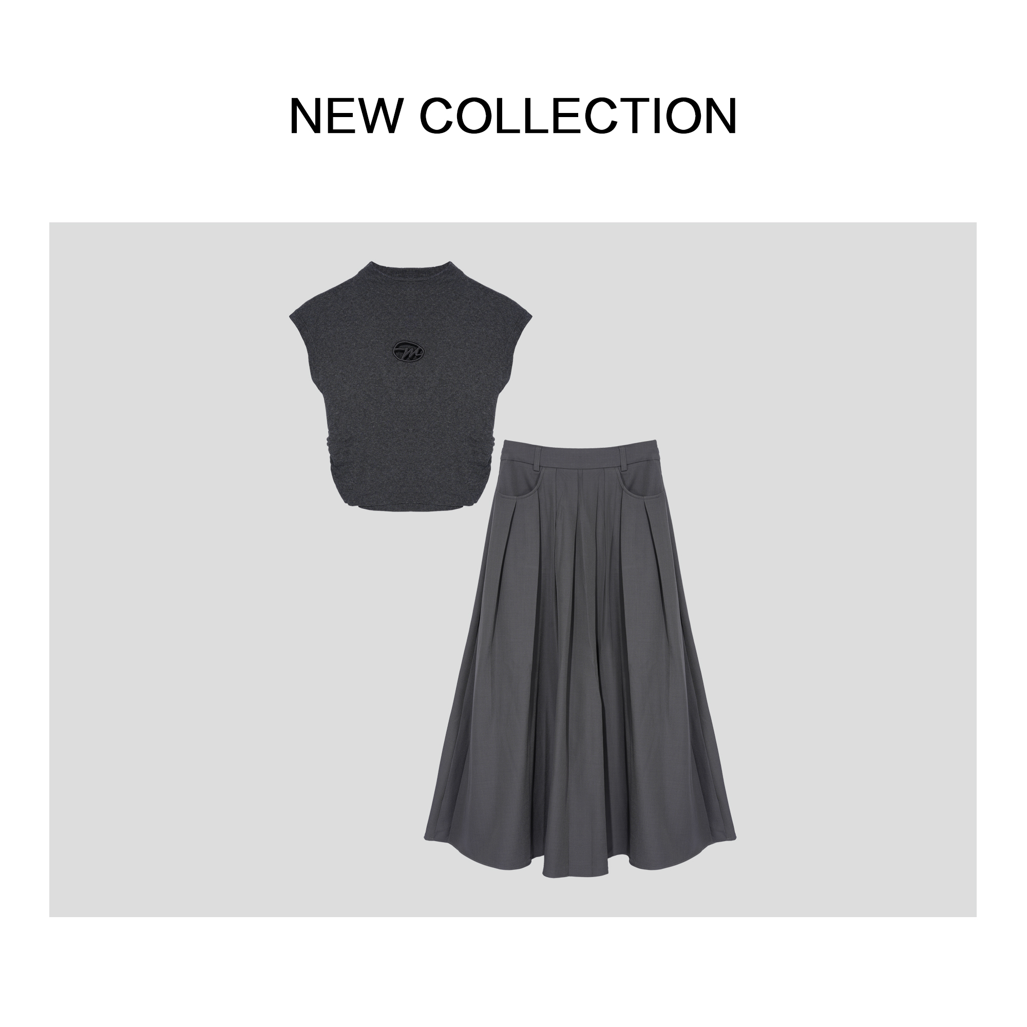 【品牌福利】D3F28051 简约时尚套装，无袖针织上衣搭配百褶长裙