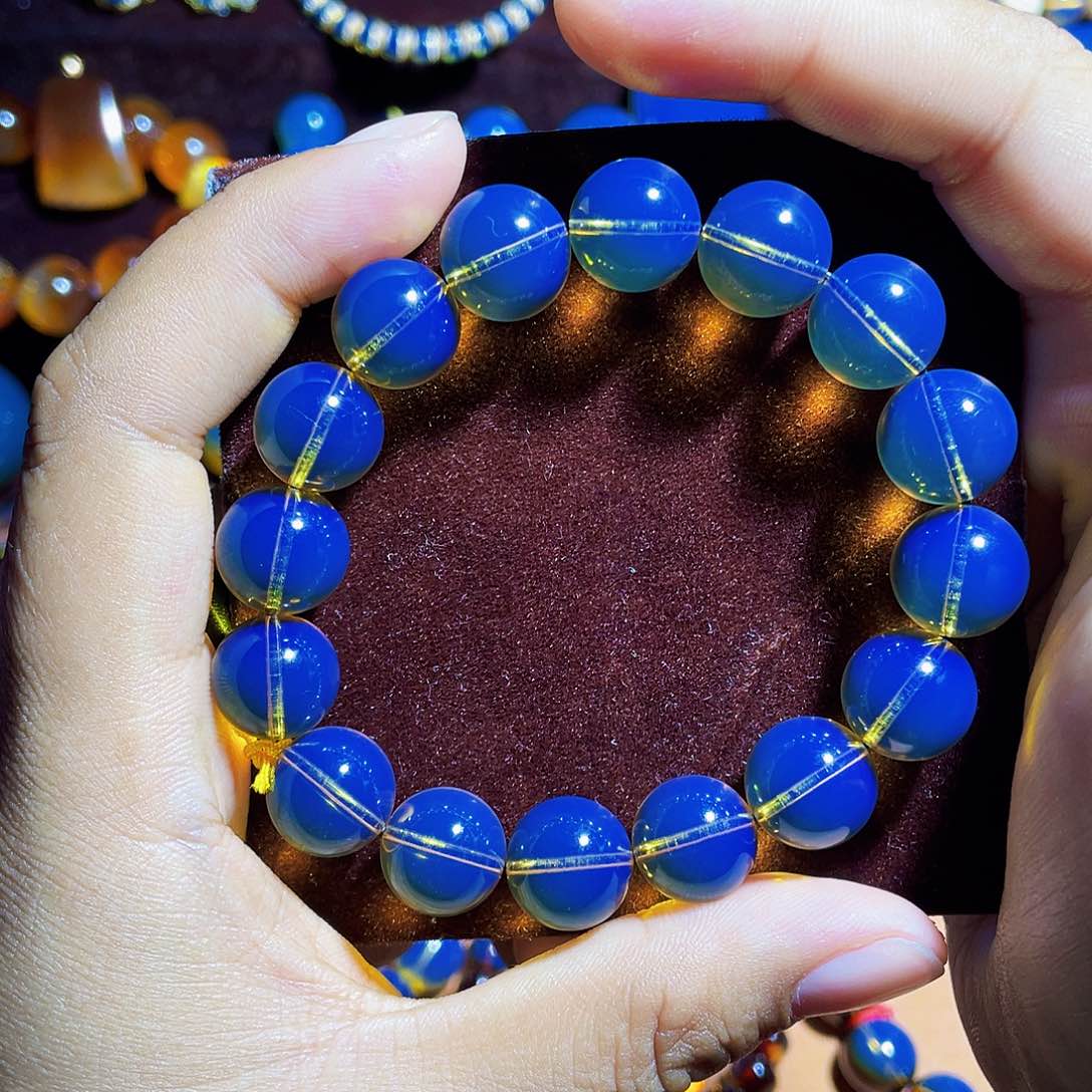 蓝珀裸石未镶嵌M***o异色珀12手串