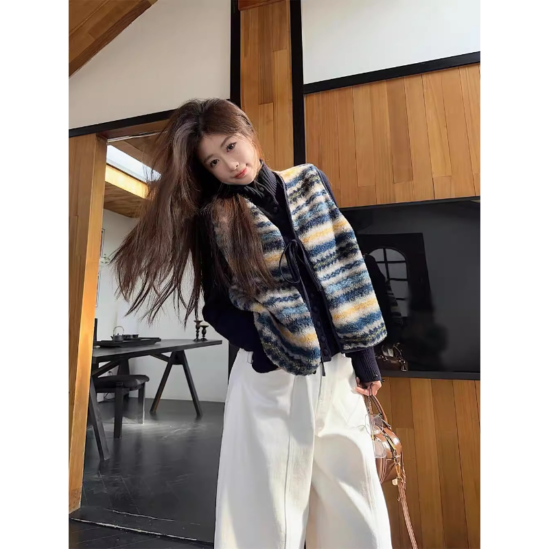 韩国2026秋冬季新款加厚马夹外套韩版设计感蝴蝶结绑带撞色马甲女