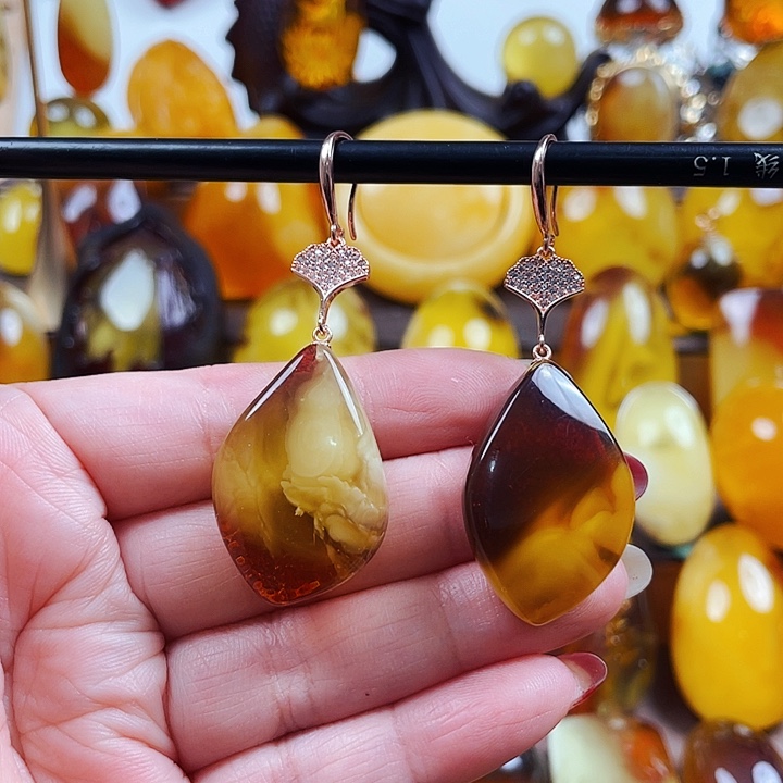 琥珀戒指银S925镶嵌飘***季耳环