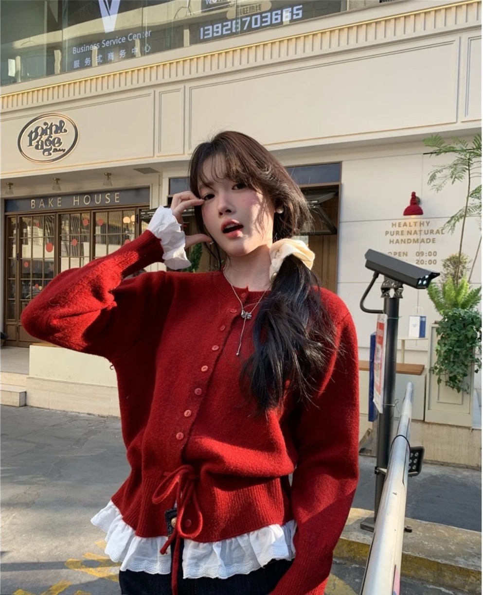 韩系红色花边拼接毛衣女装秋冬设计感收腰针织开衫百搭显瘦上衣