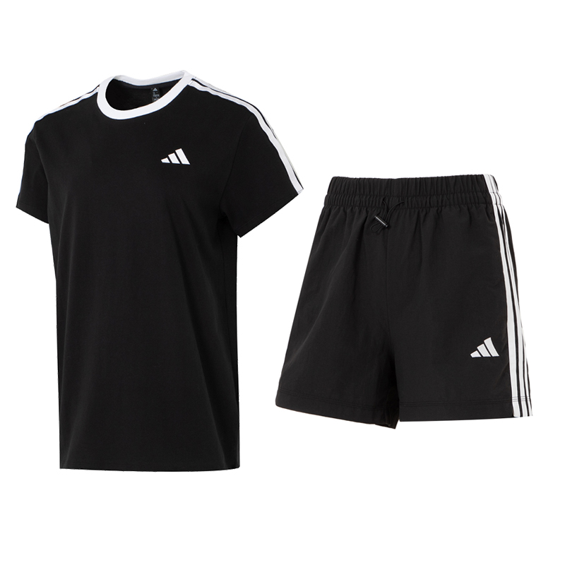 阿迪达斯两件套女2025新款运动休闲半袖T恤三条纹短裤【商场同款】