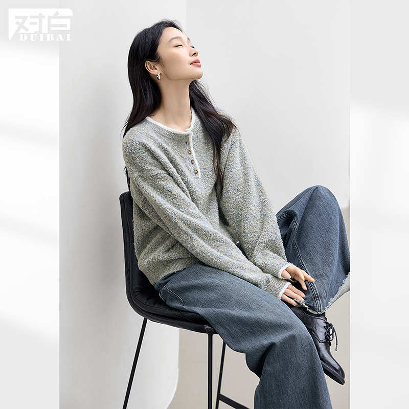 【粉丝专属】D01对白圈圈纱撞色落肩半开领毛衣冬慵懒FDE144