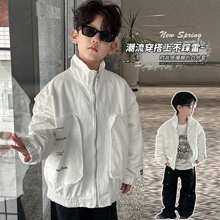 W5125 HY2531中大童春季款白色字母外套