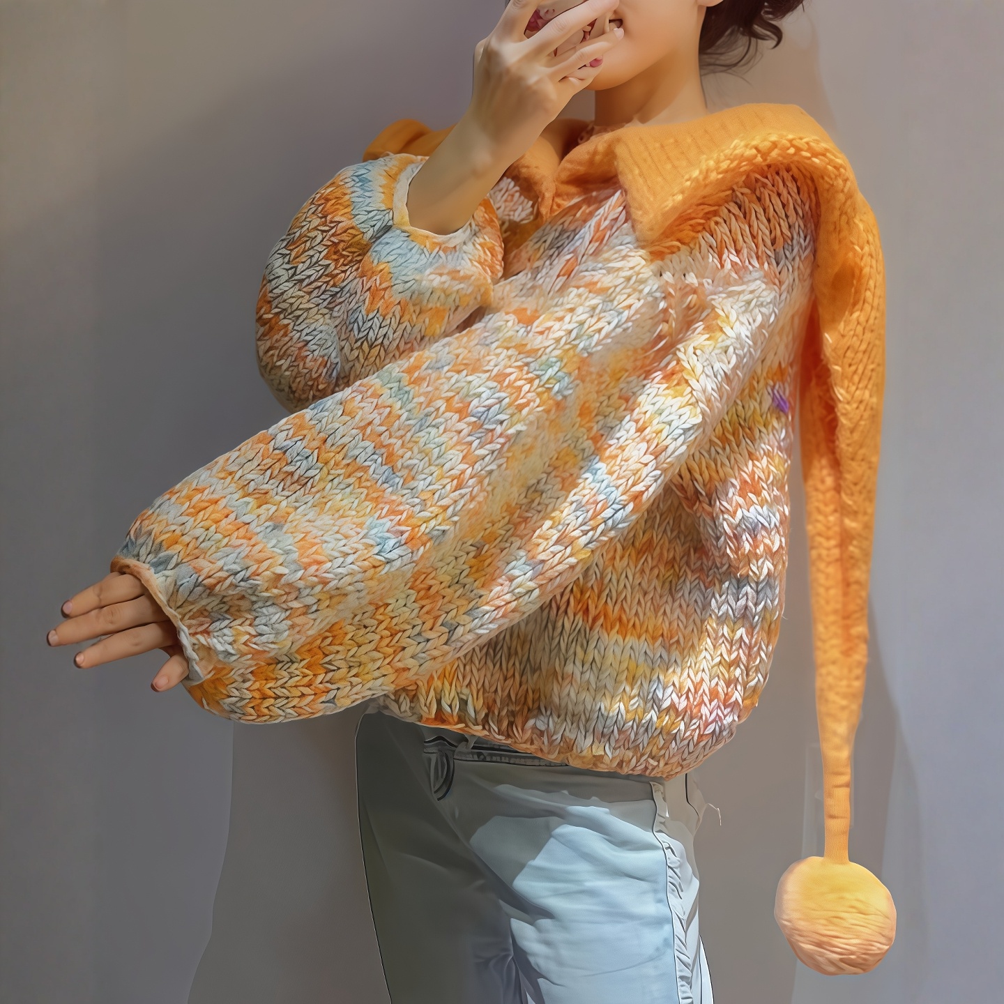 多巴胺橘色翻领宽松针织衫混色毛衣慵懒高级感秋冬女2025新款上衣