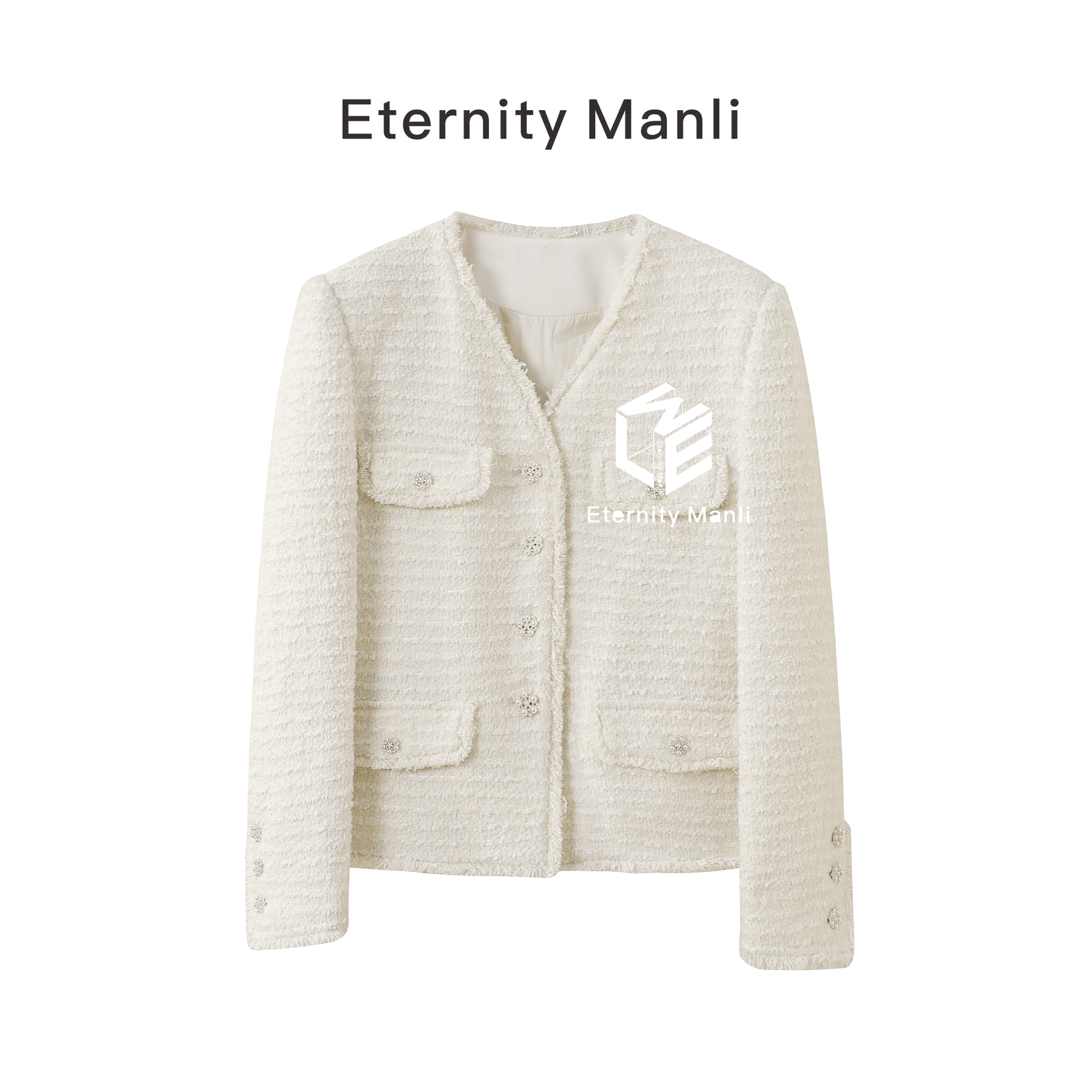 鹅绒服-【白雪】冬季白色V领加厚名媛高端羊毛呢外套9060