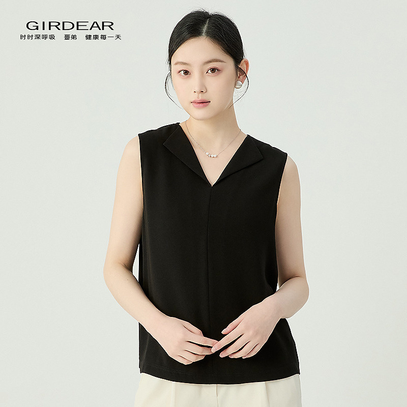 哥弟  品质女装经典百搭舒适通勤夏季V领无袖背心款衬衣130054