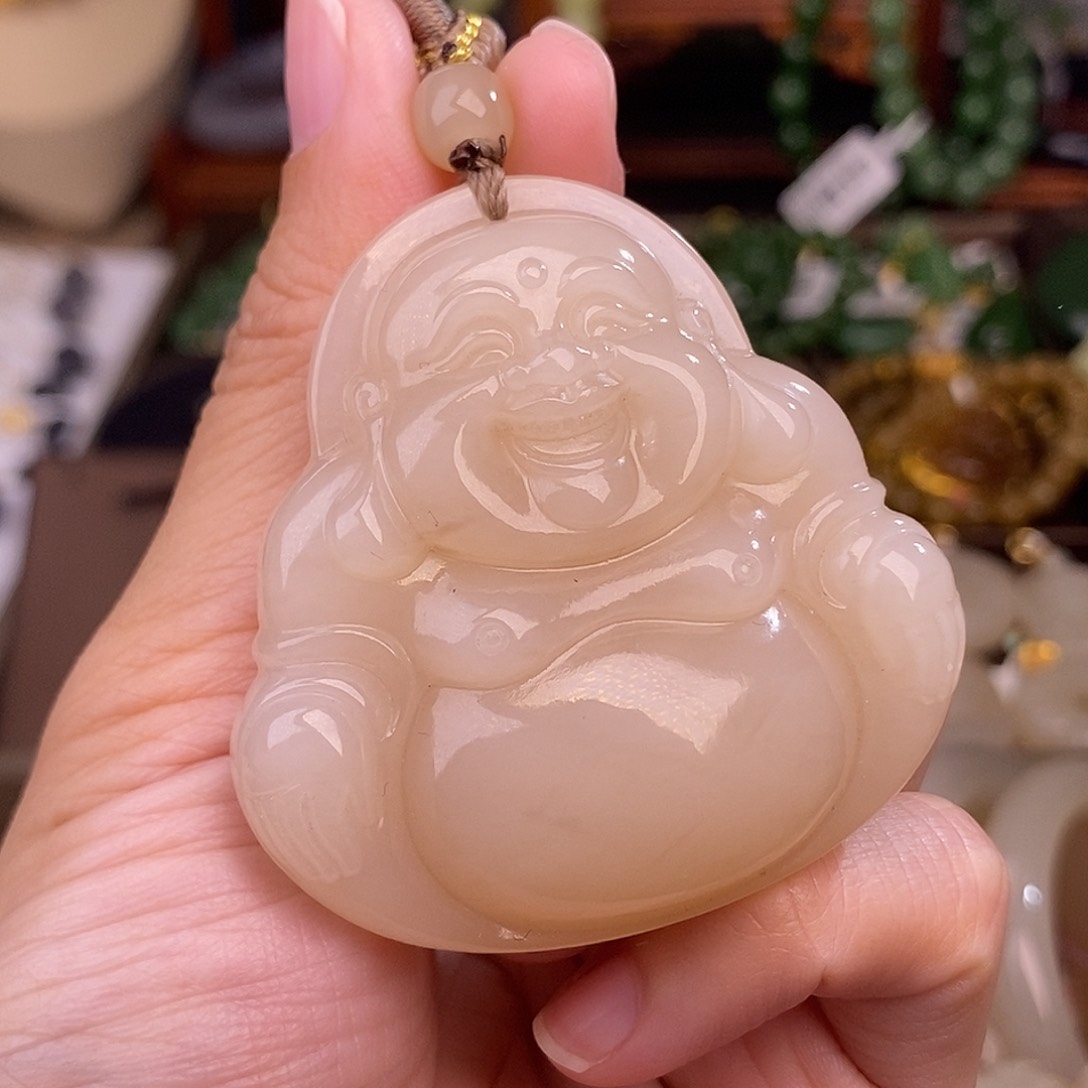 和田玉熟藕粉浓色老矿料脂膏级清货价大佛公未镶嵌