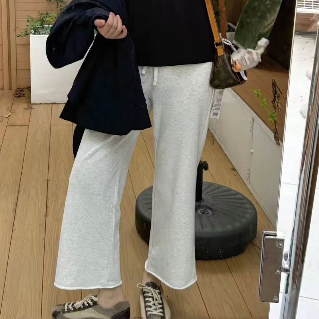 主推超火毛须边蛋卷裤女抽绳松紧腰九分阔腿直筒裤松弛感休闲裤