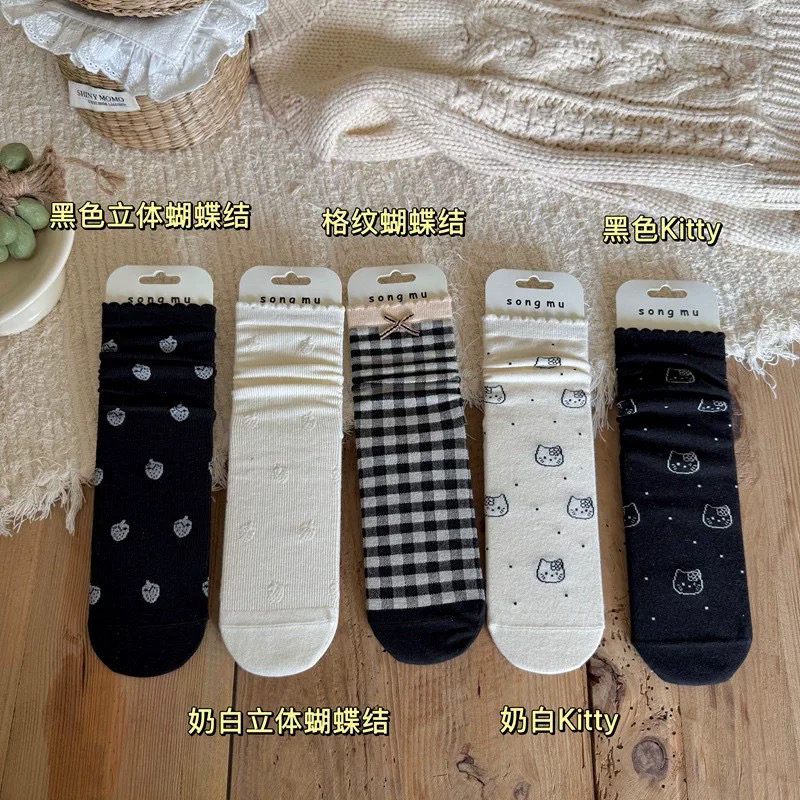 袜子黑色秋季新款袜子女袜堆堆无骨蝴蝶结系格纹立体草莓