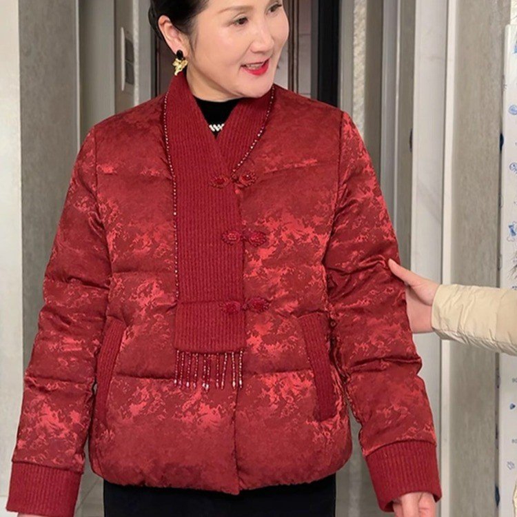 中国风宽松型加厚短款中老年女装中式冬季秋冬红色加绒