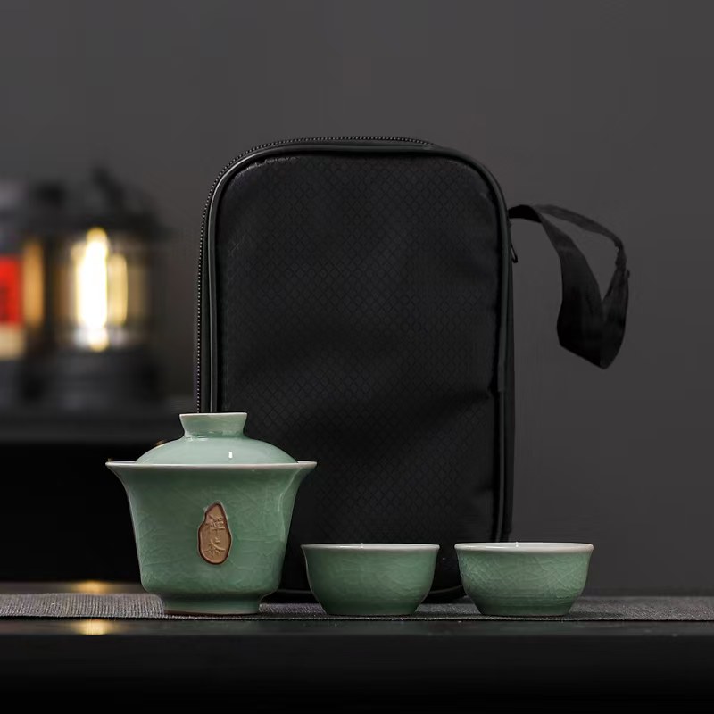 B090-翠绿哥窑盖碗旅行茶具一壶两杯