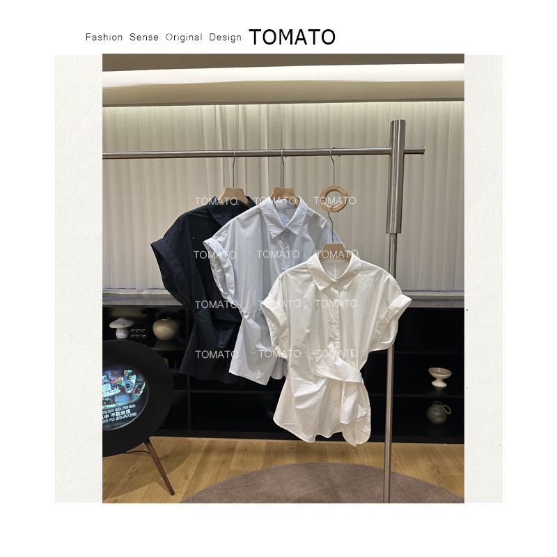 【TomaTo】小城夏天 韩系宽松不规则绑带飞飞袖设计感衬衫C25CS322
