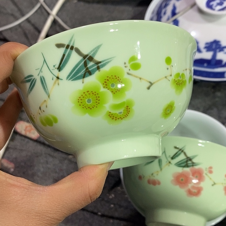 摆件陶5寸绿稀土翠竹绿梅碗