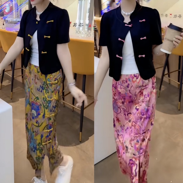 套装女夏季国风开衩半身裙搭配短袖两件套女87855