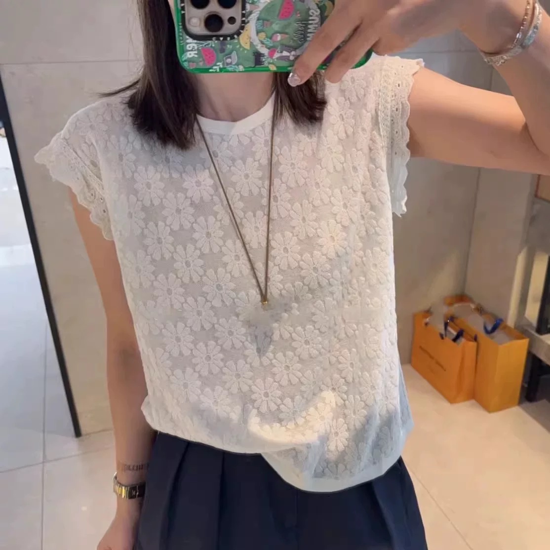 灿漫花都~米白色花朵提花短袖套头女夏季冰感上衣