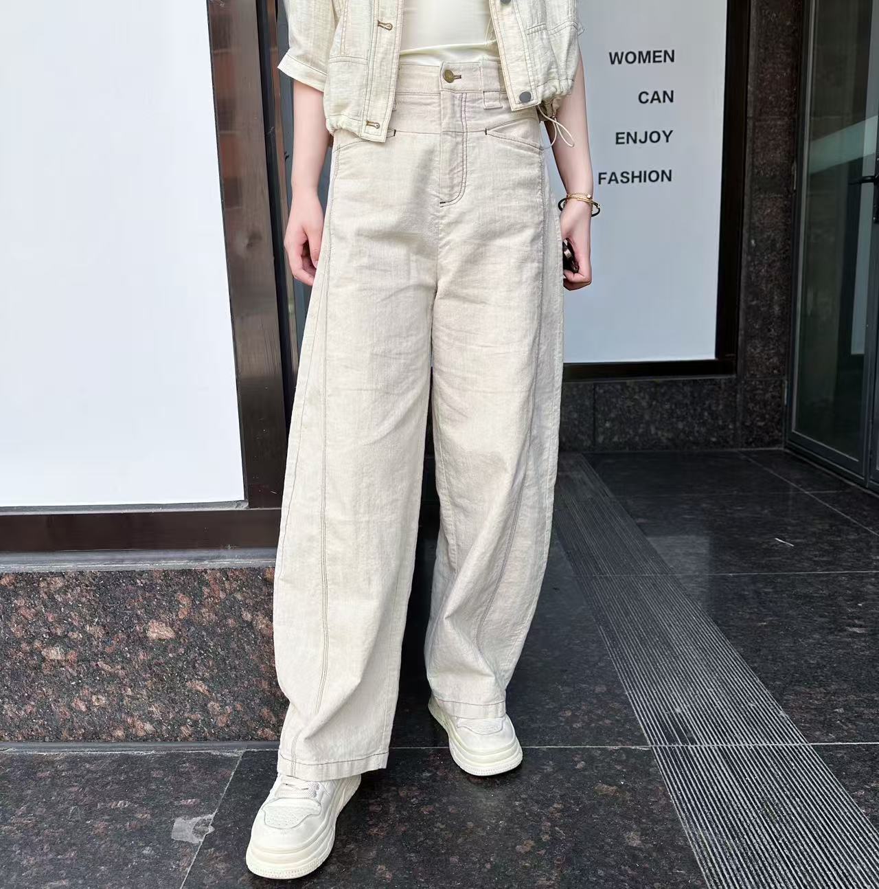 【蔡乐琪CLQ】高腰直筒香蕉裤百搭休闲显瘦亚麻阔腿裤弯刀裤