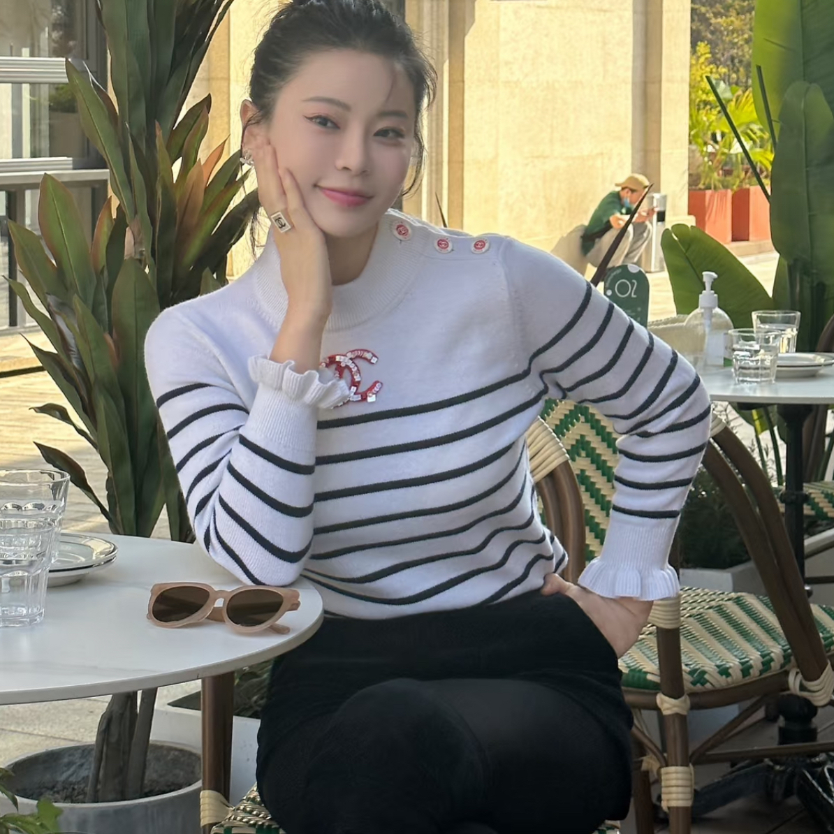 未使用 Chanel/香奈儿 针织条纹长袖 深蓝白/34