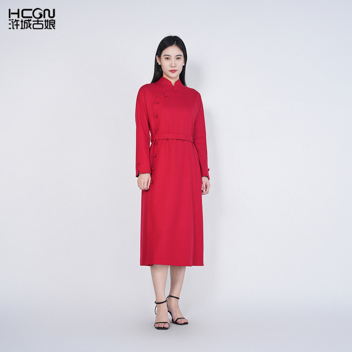 绵羊毛新款国风新年红立领长款显瘦百搭暮初旗袍连衣裙HASS010022