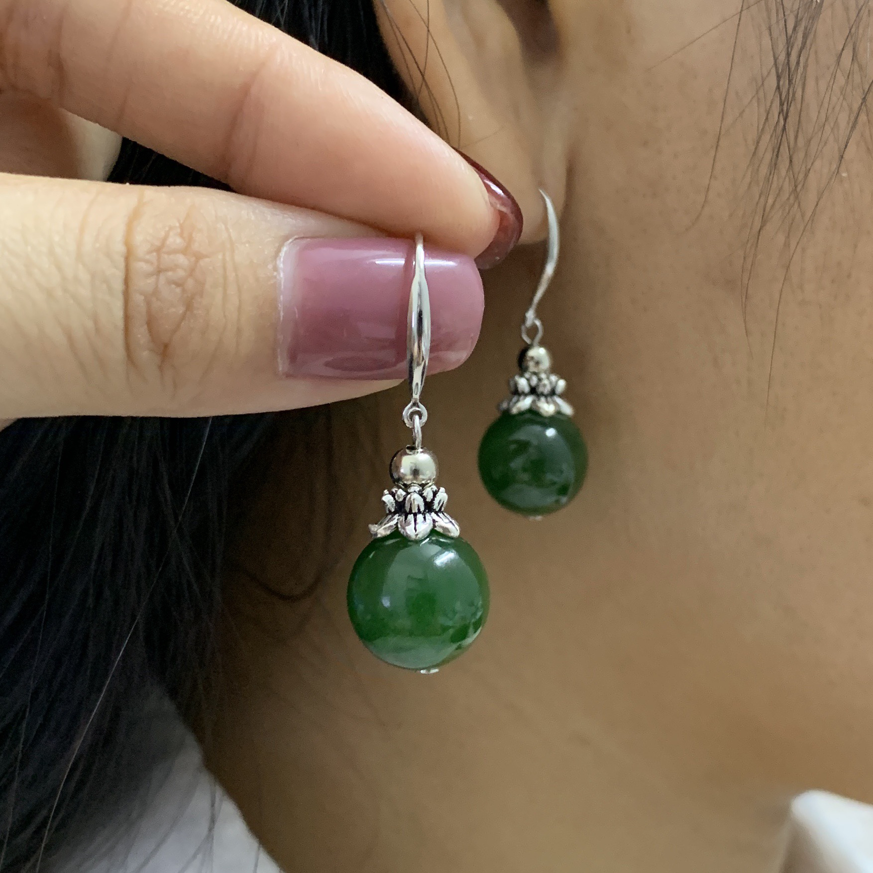 天然和田玉碧玉珠径卡12mm左右S925银通体镶嵌复古中国风气质耳饰