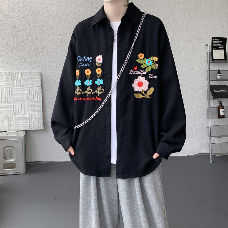 新款潮流男士花卉刺绣华夫格文艺早秋日常宽松百搭休闲长袖衬衫