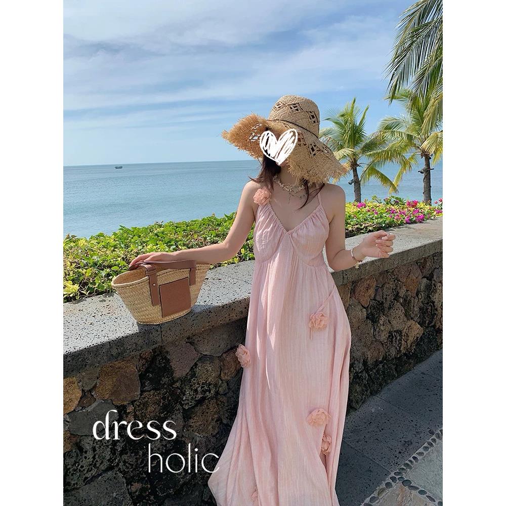 女装粉色花朵度假风连衣裙显瘦气质时尚夏季法式中长款仙女裙ol