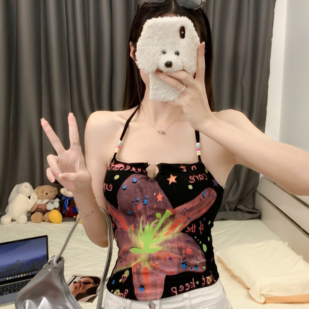 纯欲风辣妹白色挂脖吊带背心秋季短款修身显瘦外穿无袖上衣