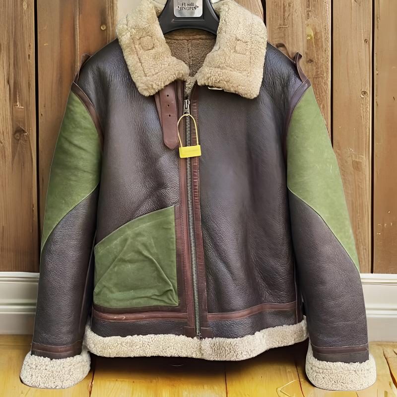 SV原生态男士皮毛一体冬季羊羔毛真皮真毛翻领经典飞行服B3皮衣男