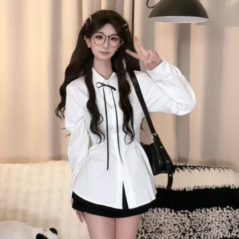 白色长短袖衬衫女2025夏季新款蝴蝶结绑带设计感小众独特漂亮小衫