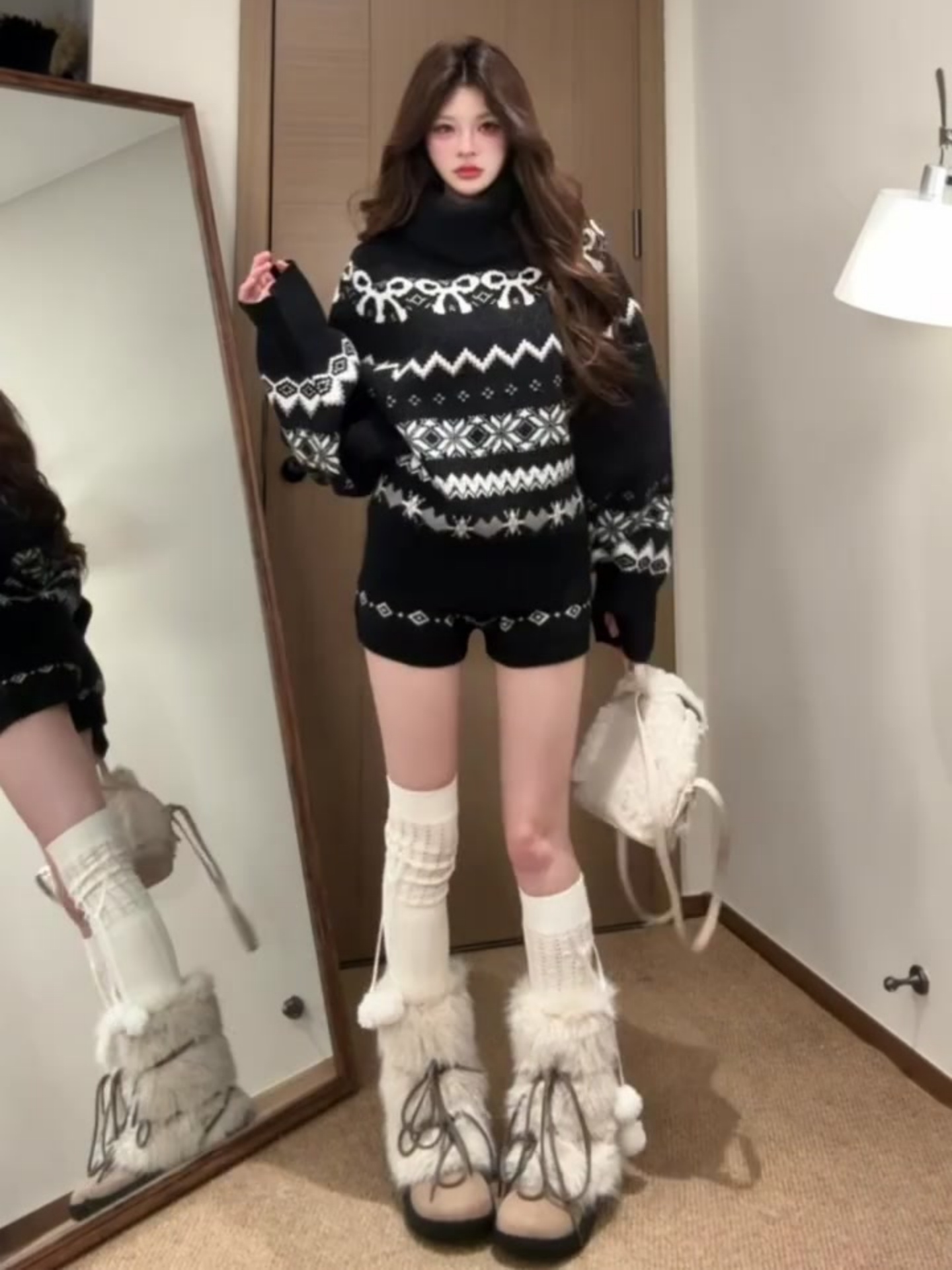 费尔岛套装女秋冬季小个子黑色加厚高领针织毛衣休闲短裤子两件套