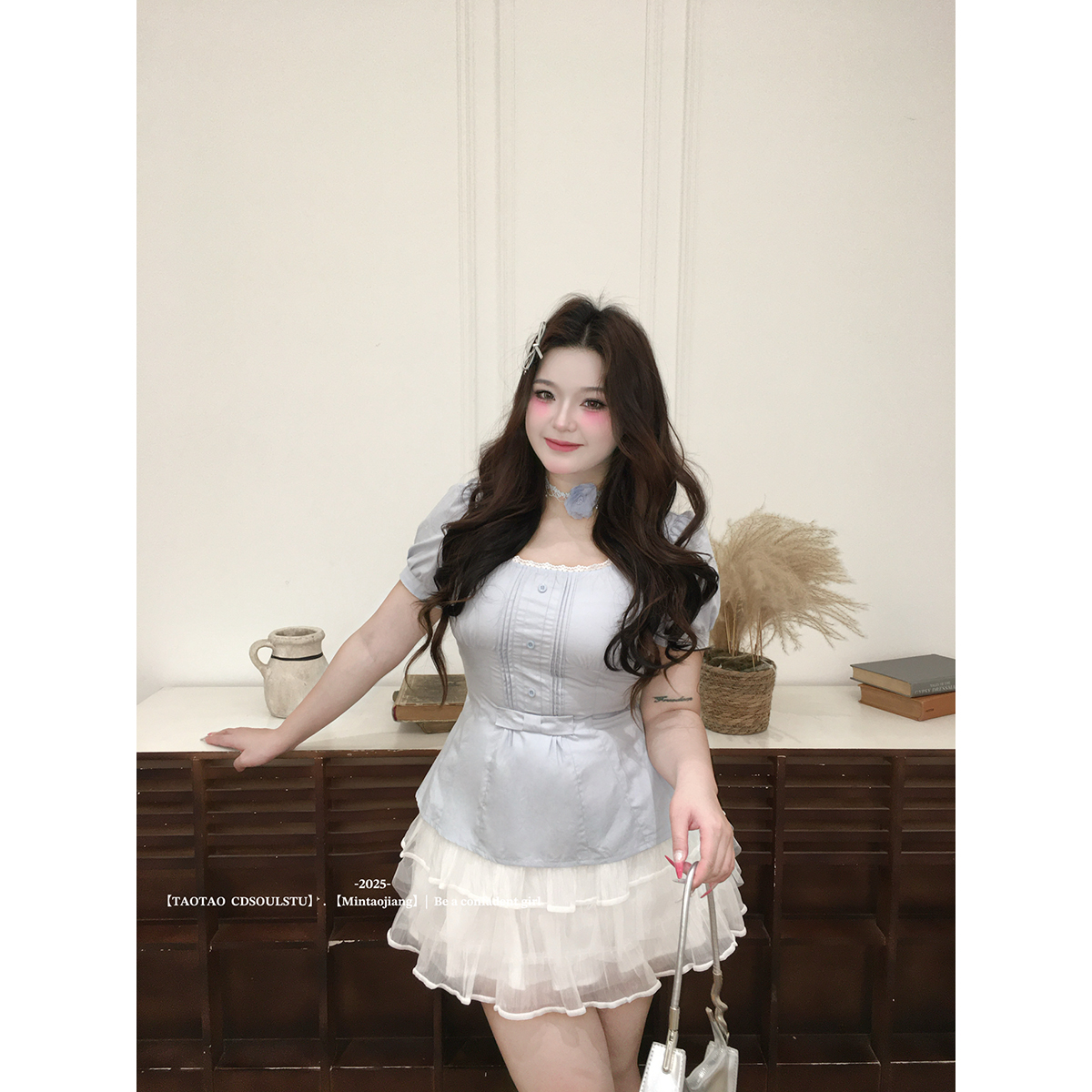 SWEET【蓝调甜茶】微胖少女甜美韩系欧若风方领收腰上衣+蓬蓬裙套装