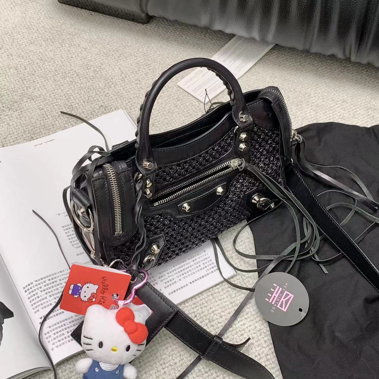 95新 Balenciaga/巴黎世家 黑色编织机车包 mini 24cm 13748093