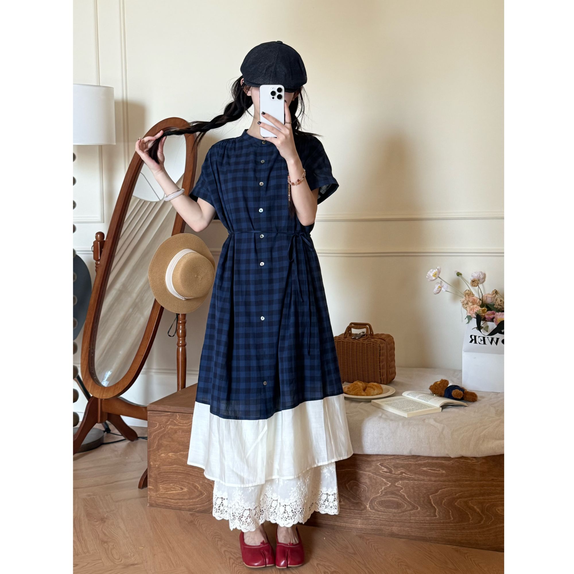 【一四六Yisiliu】小个子日系文艺蓝格拼接摆短袖衬衫连衣裙+内搭