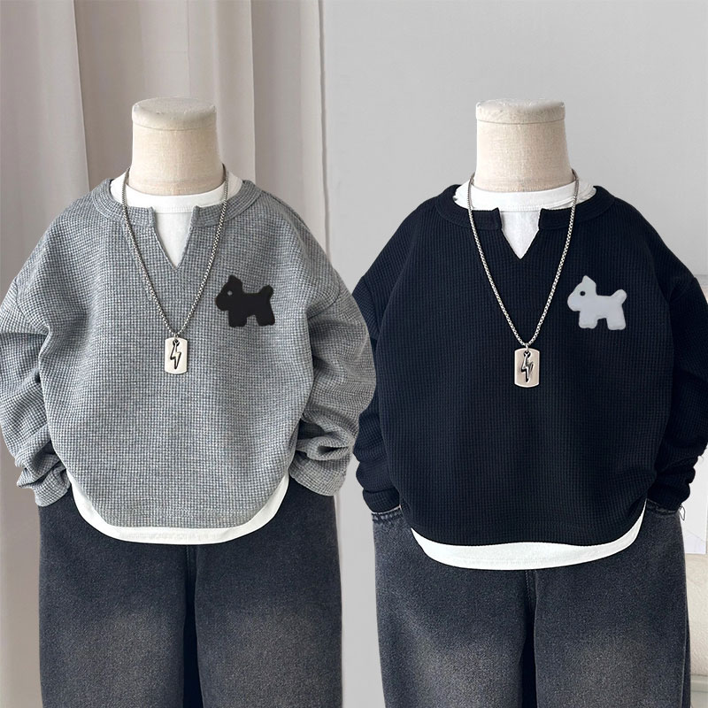 男童长袖T恤2025春秋新款华夫格印花儿童上衣帅气套头假两件卫衣