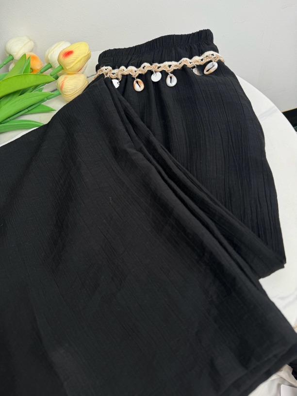  2025 夏季新款天丝麻民族风蕾丝拼接松紧腰女士阔腿休闲裤时尚