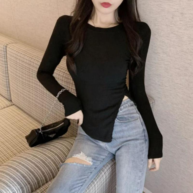 宽松型1*1螺纹德绒260克开叉长袖t恤女装春秋季修身显瘦内搭打底