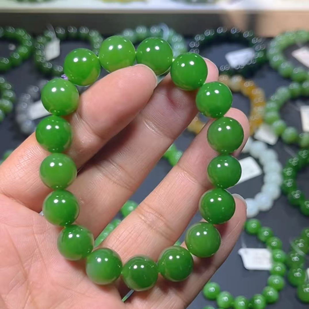 高端和田玉俄罗斯碧玉老坑阳绿手串约12mm时尚男女士手链