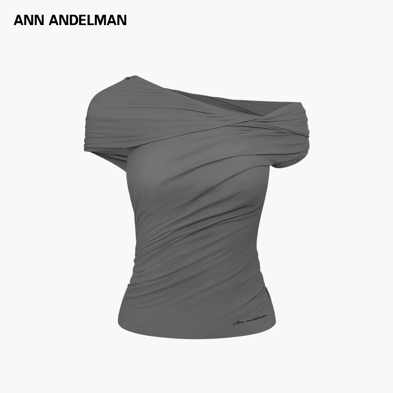 ANN ANDELMAN 2025夏季新款不规则领上衣不对称丽裁褶皱T恤女