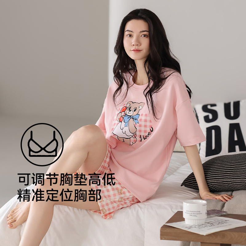 带胸垫睡衣女夏季纯棉短袖薄款2025新款夏天可外穿家居服可调节