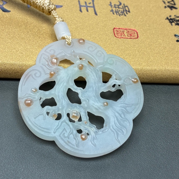 缅甸a货精工镂空雕刻糯冰种意境柿柿如意牌挂件吊坠