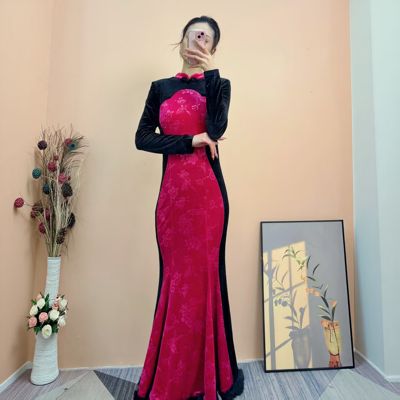 [依易原创]新中式气质千金设计感撞色提花丝绒改良旗袍裙G73027