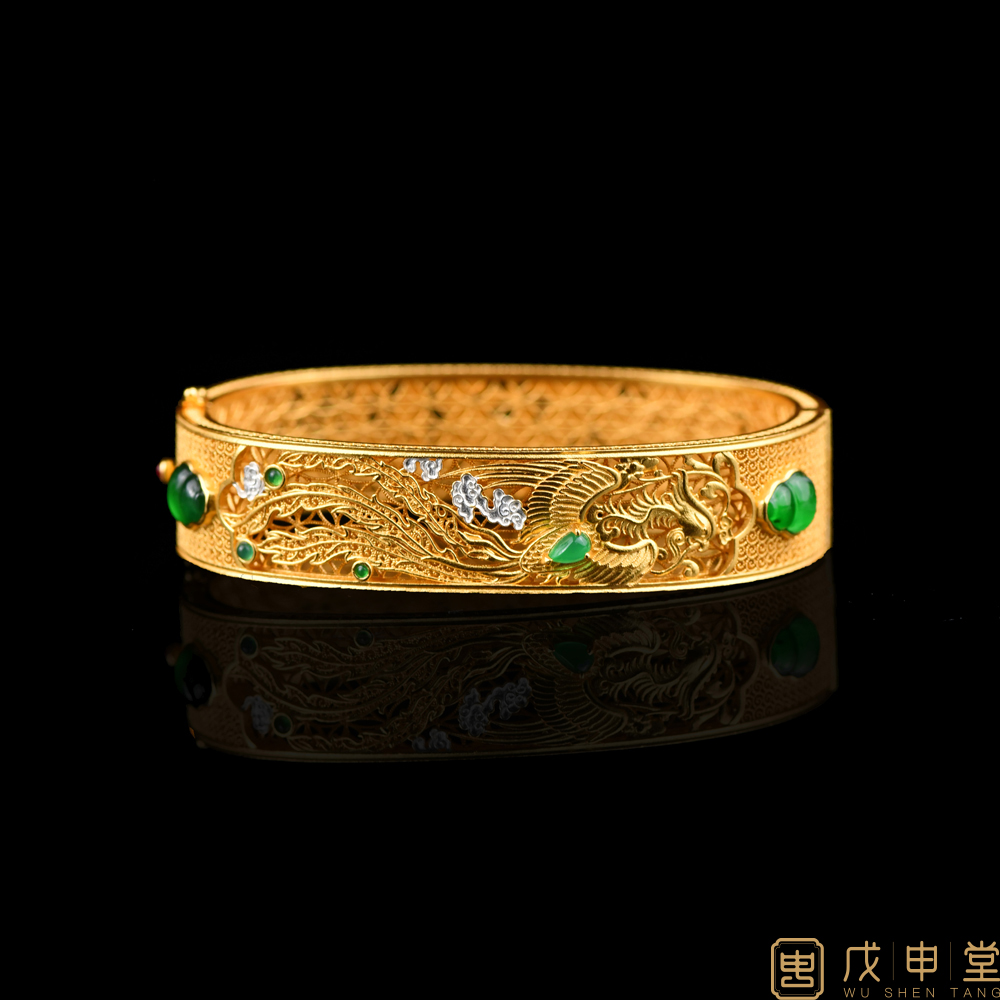 戊申堂【龙凤呈祥】翡翠开口镯银鎏金古法非遗花丝手镯 国风珠宝