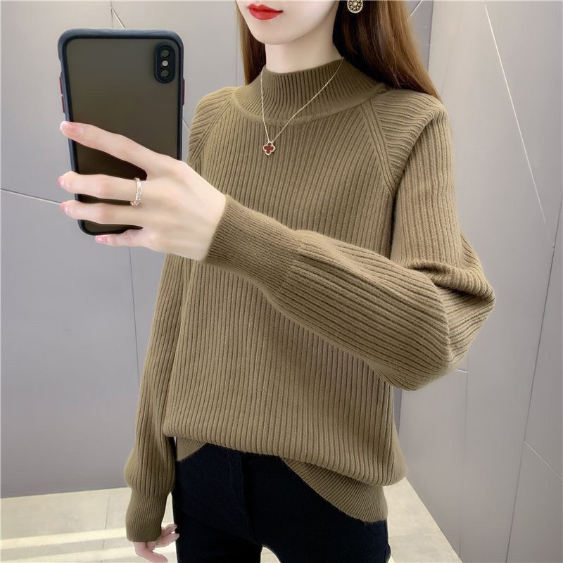 秋冬女装半高领毛衣加厚纯色宽松显瘦内搭打底针织衫上衣百搭洋气