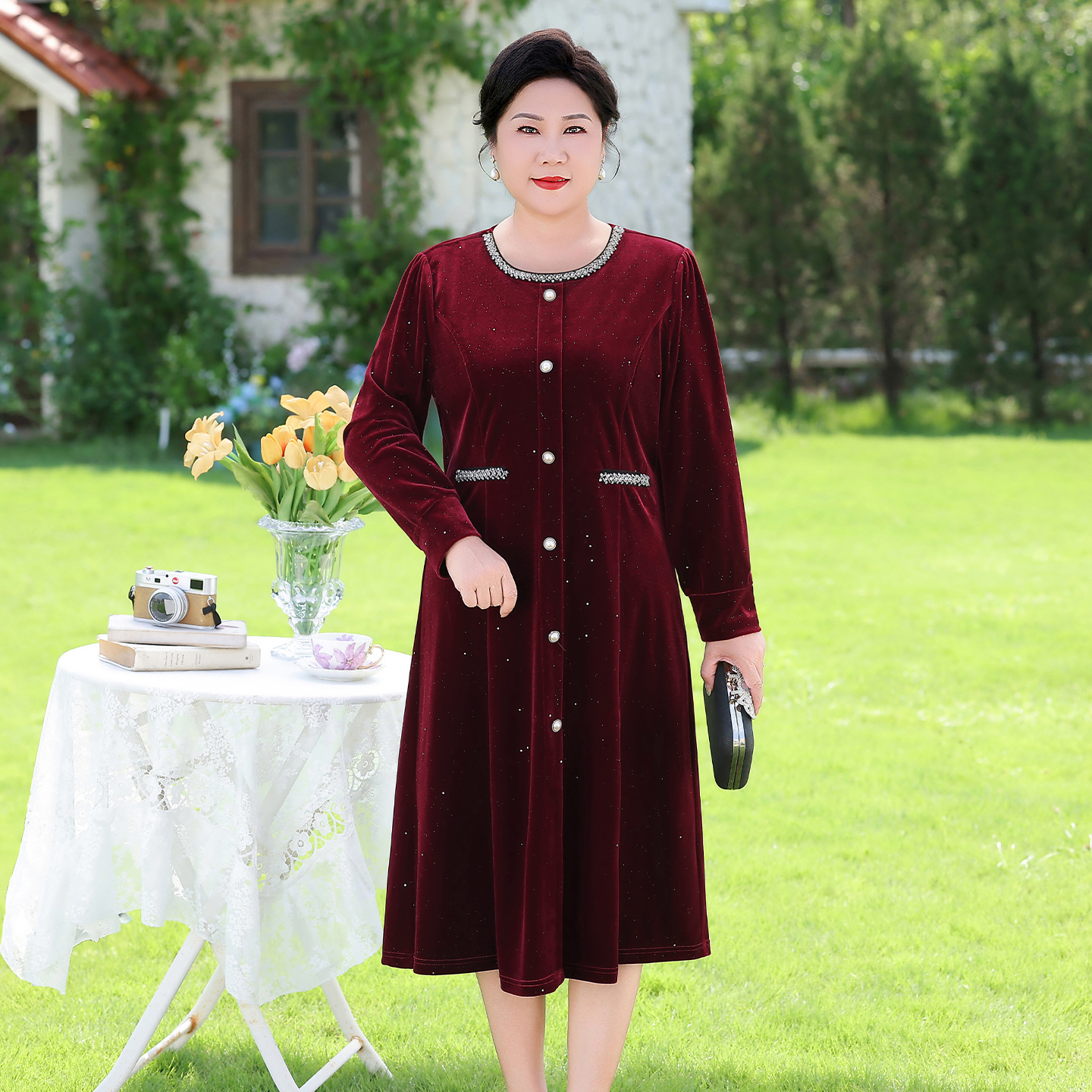 中老年女装金丝绒大码收腰显瘦连衣裙妈妈秋季新款高贵洋气a字裙