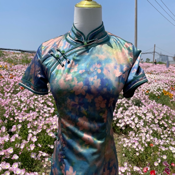 【522】125cm繁花点点气质双层重磅长款旗袍